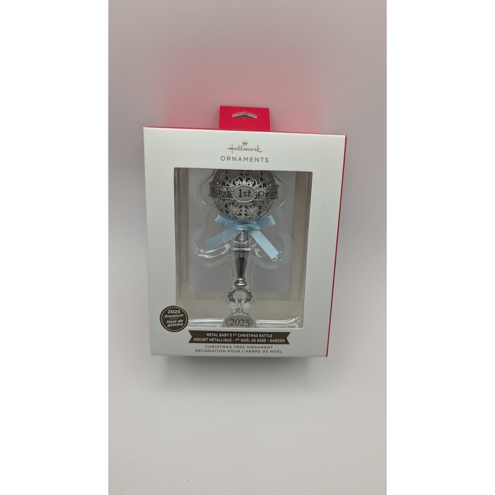 Hallmark 2025 Baby's 1st Christmas Metal Rattle Ornament Blue Ribbon NEW Boxed